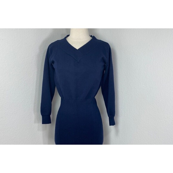 Yumomo Dark Blue Soft Knit Bodycon Dress Sm Knee Length Long Sleeves Chic Goth - Picture 1 of 10